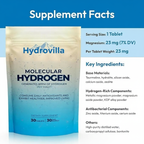 Hydrovilla Molecular Hydrogen is a dietary supplement with effervescent tablets that generate up to 12 ppm of molecular hydrogen when dissolved in water, designed for daily antioxidant and wellness support.