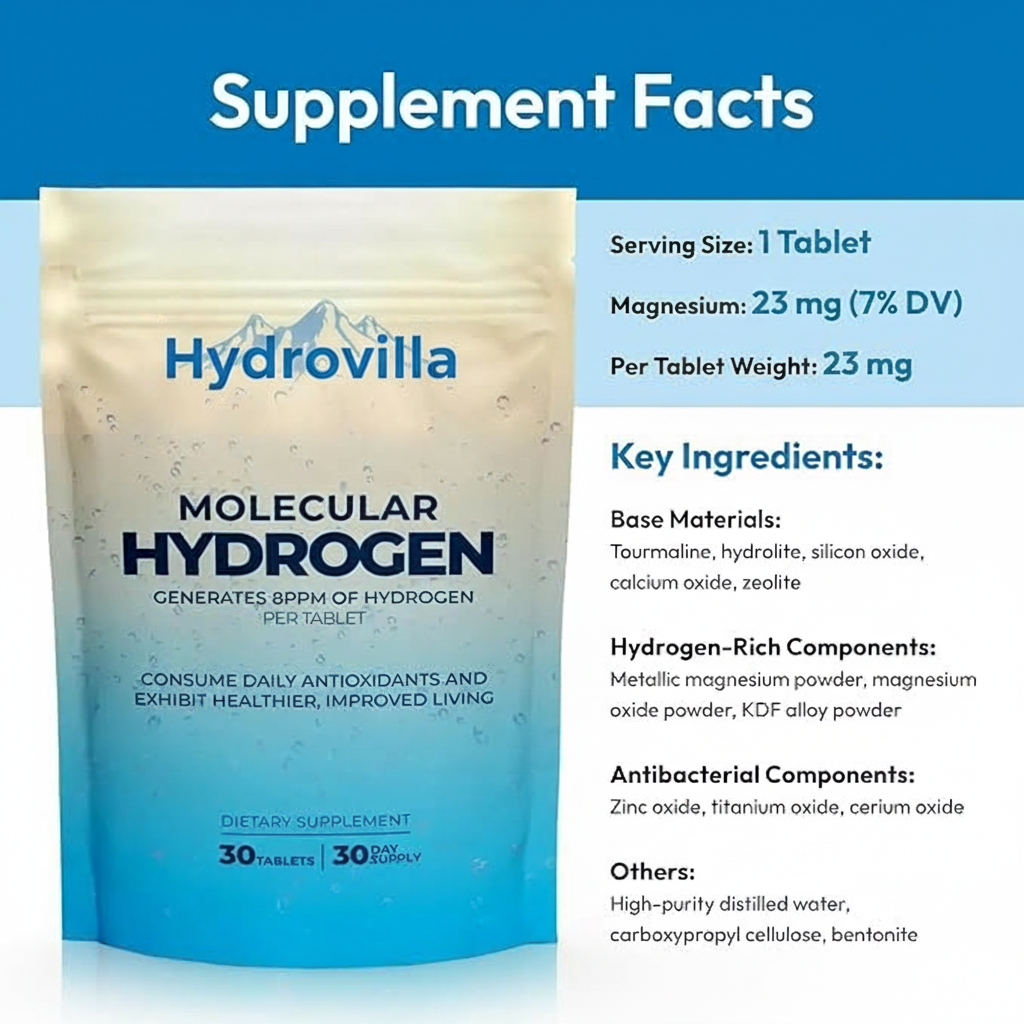 Hydrovilla Molecular Hydrogen is a dietary supplement with effervescent tablets that generate up to 12 ppm of molecular hydrogen when dissolved in water, designed for daily antioxidant and wellness support.